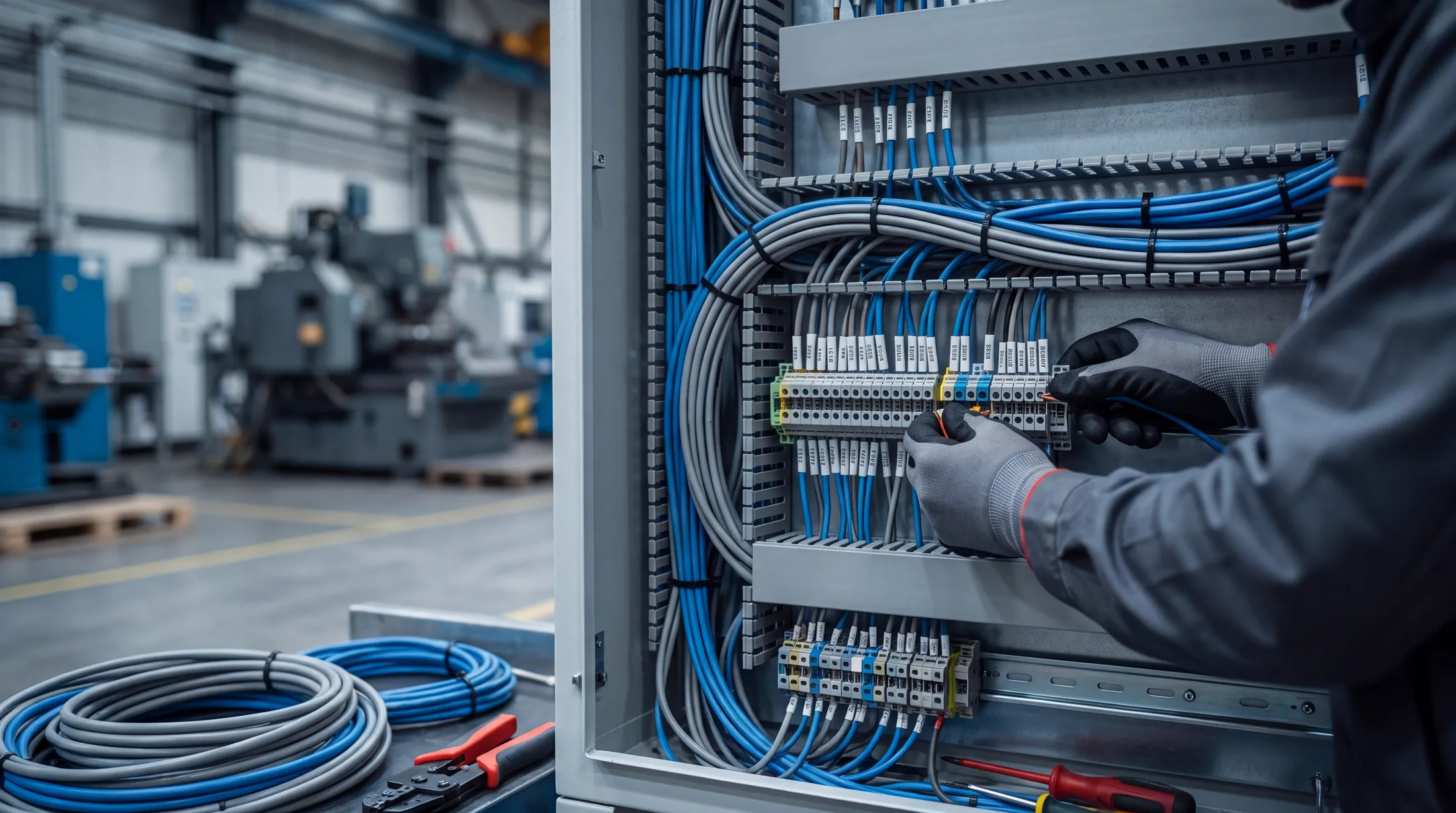 Electricista conexionando un cuadro eléctrico industrial
